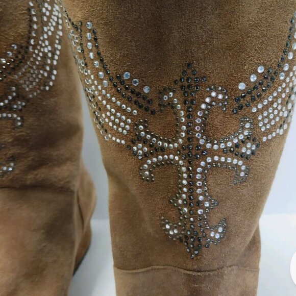 Reba Studded Angel Wings Western Country brown leather suede wedge boots 9 - Picture 3 of 6